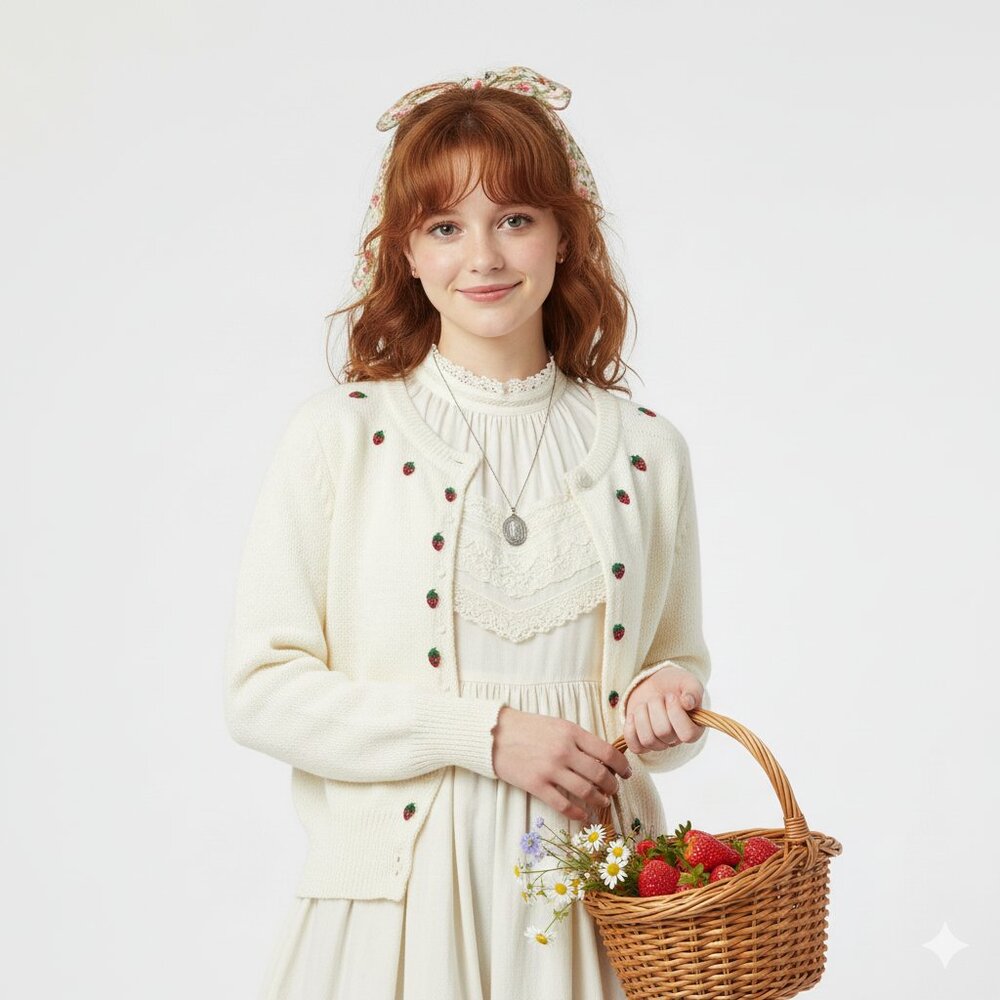 Chelsea‎ Place Strawberry Embroidered Button Cardigan Sweater Medium Cottage
